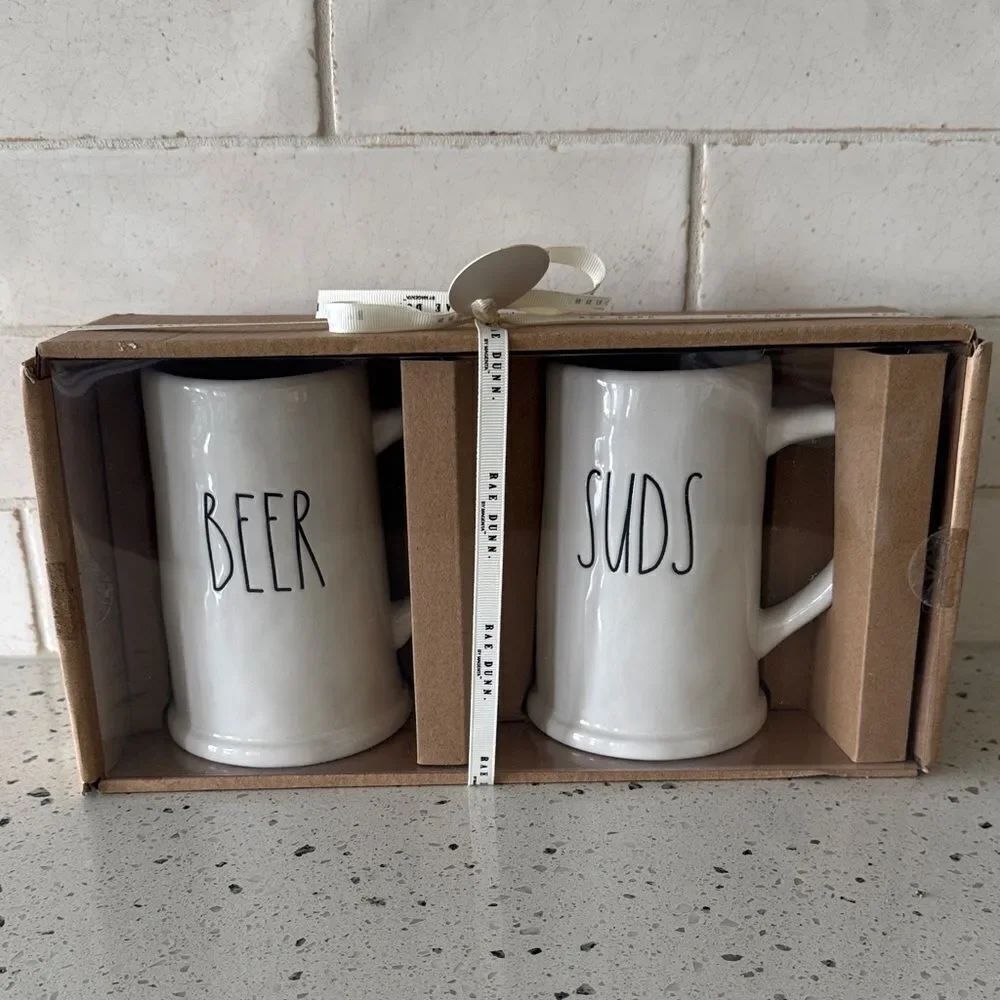 Rae Dunn Ceramic by Magenta Beer and Suds 20oz Cream/Black Mug Set of 2 Gift Set